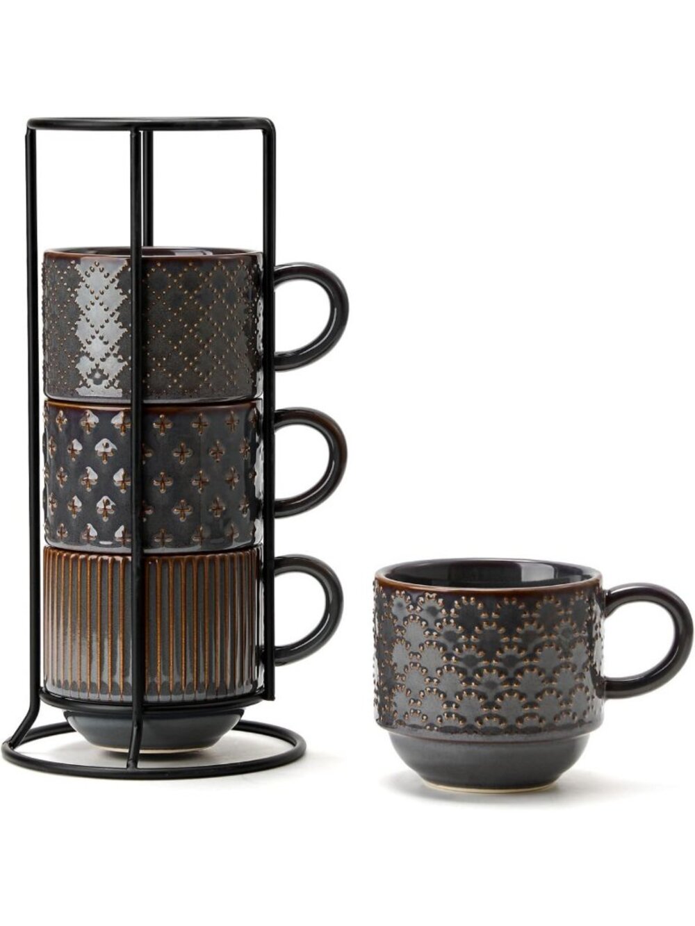 Large Ceramic Coffee Mug Set of 4 - Stackable Ribbed Latte Cups, 15 Oz, Dark